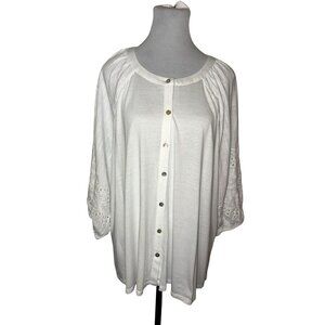 NWT J. Jill White Button-Front 3/4 Eyelet Sleeve Top  Size XL